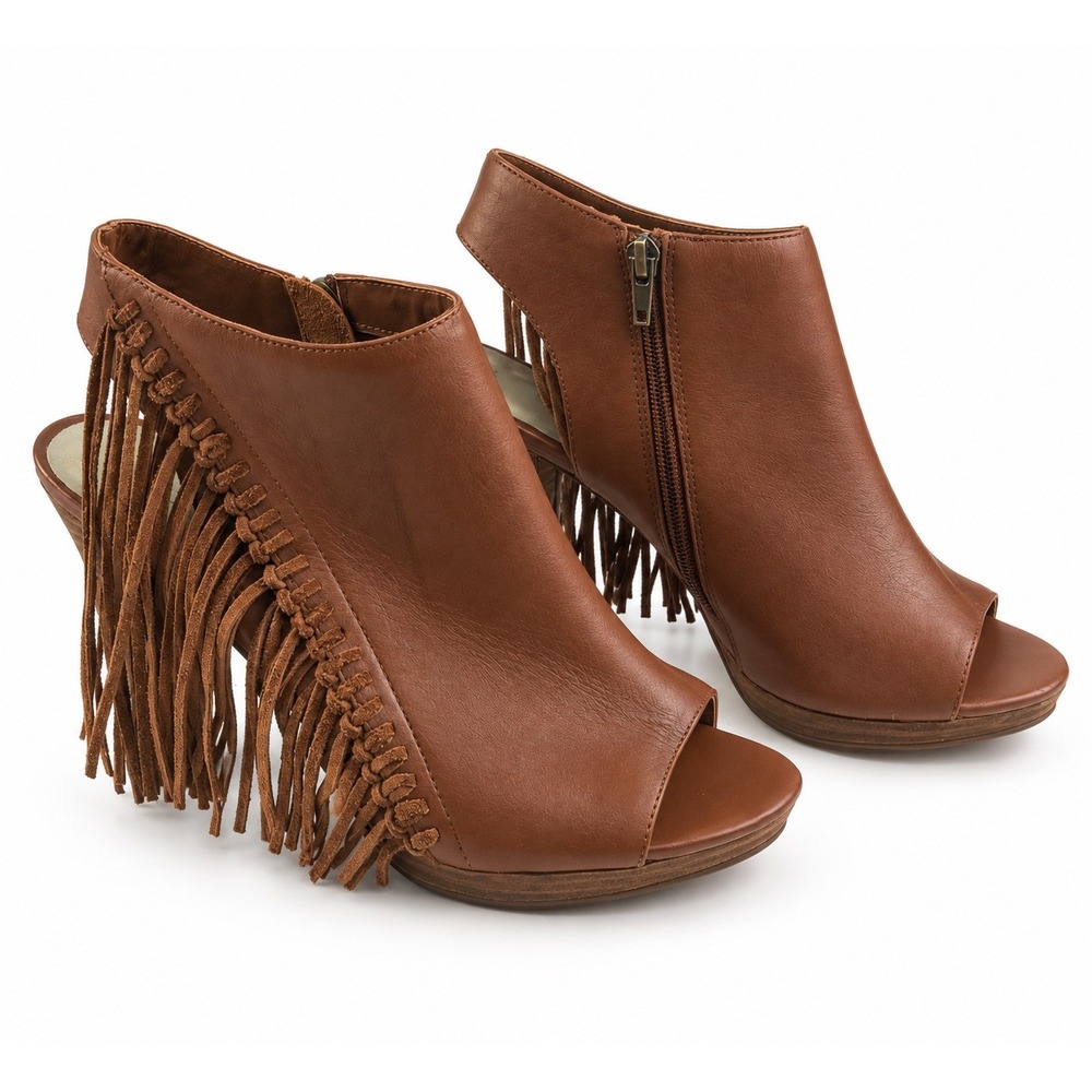 Reba Vintage Y2K Madame Brown Leather Fringe Peep Toe Boots Women's Size 9.5M